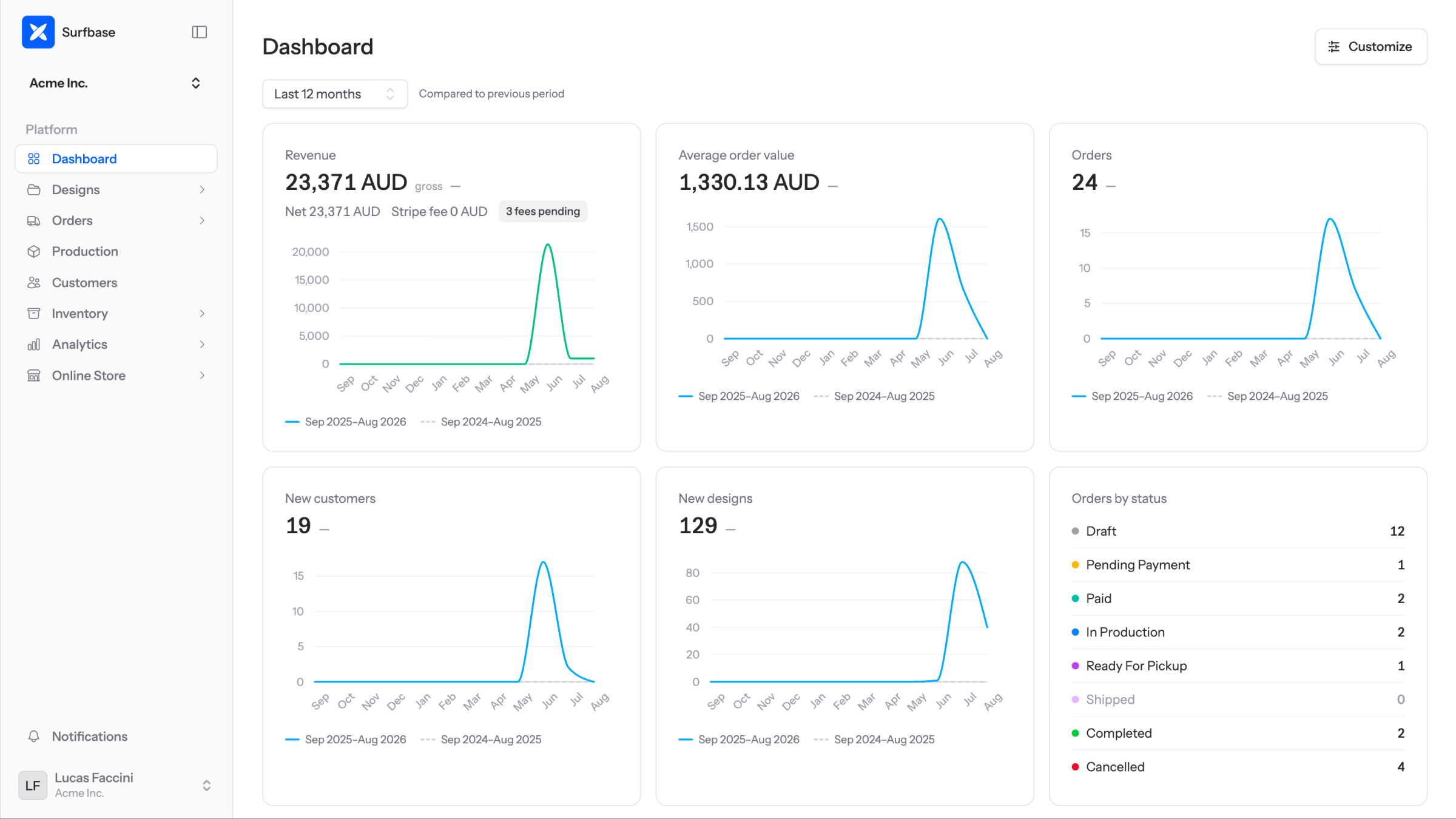 The Surfbase app showing designs, orders, and production in one workspace
